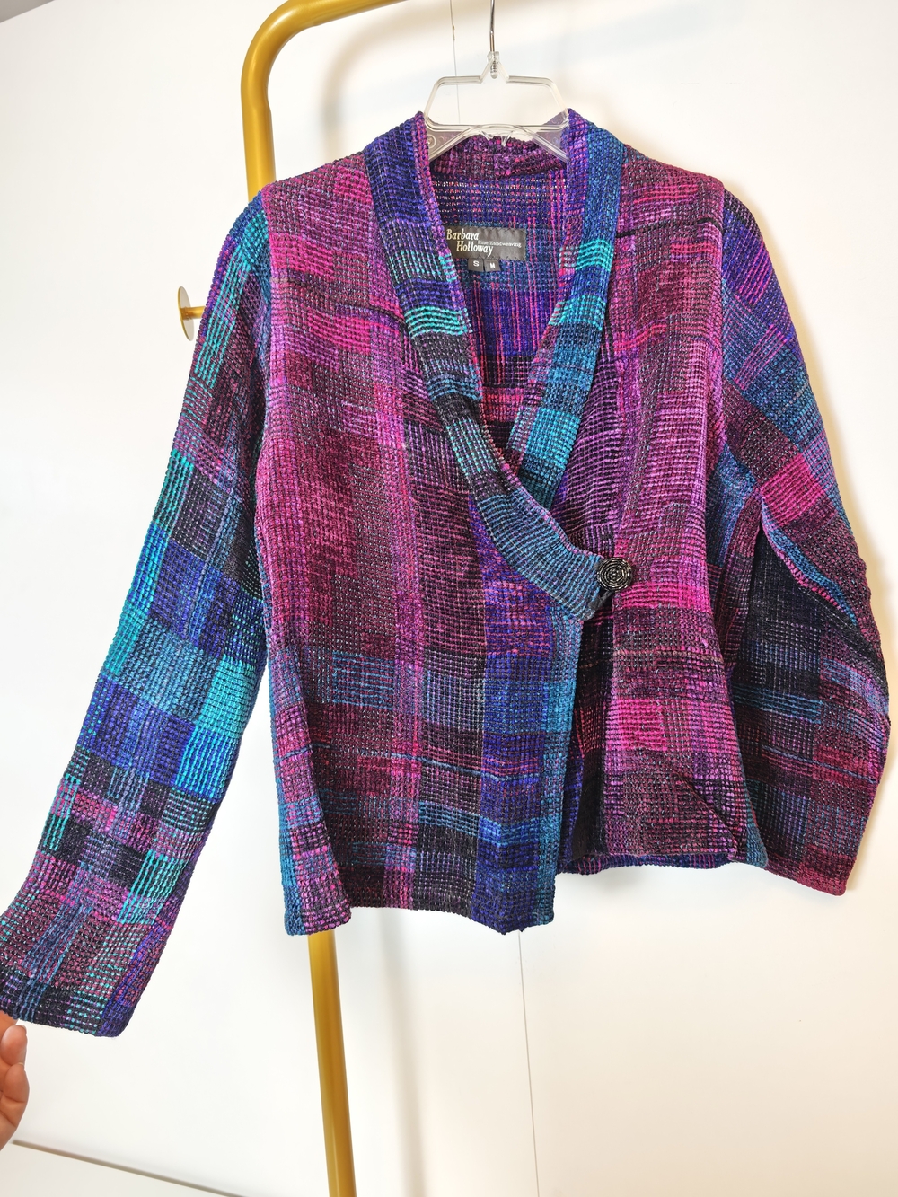 Handwoven Multicolor Plaid Shawl-Collar Knit Jacket